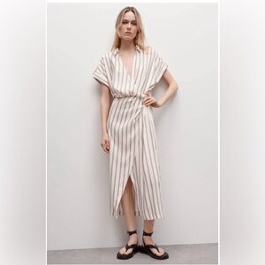 Zara Cream Midi Wrap Dress with Brown Stripes